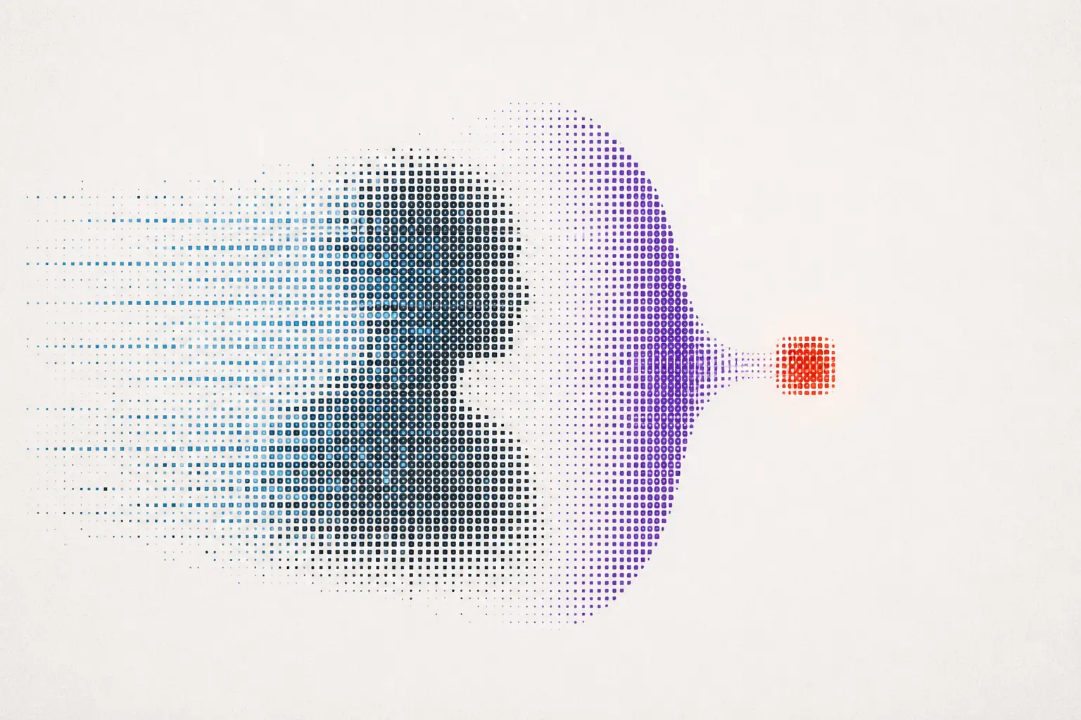 An anonymous cyan and graphite particle silhouette stops at a dense ultraviolet privacy boundary while one compact vermillion proof passes through.