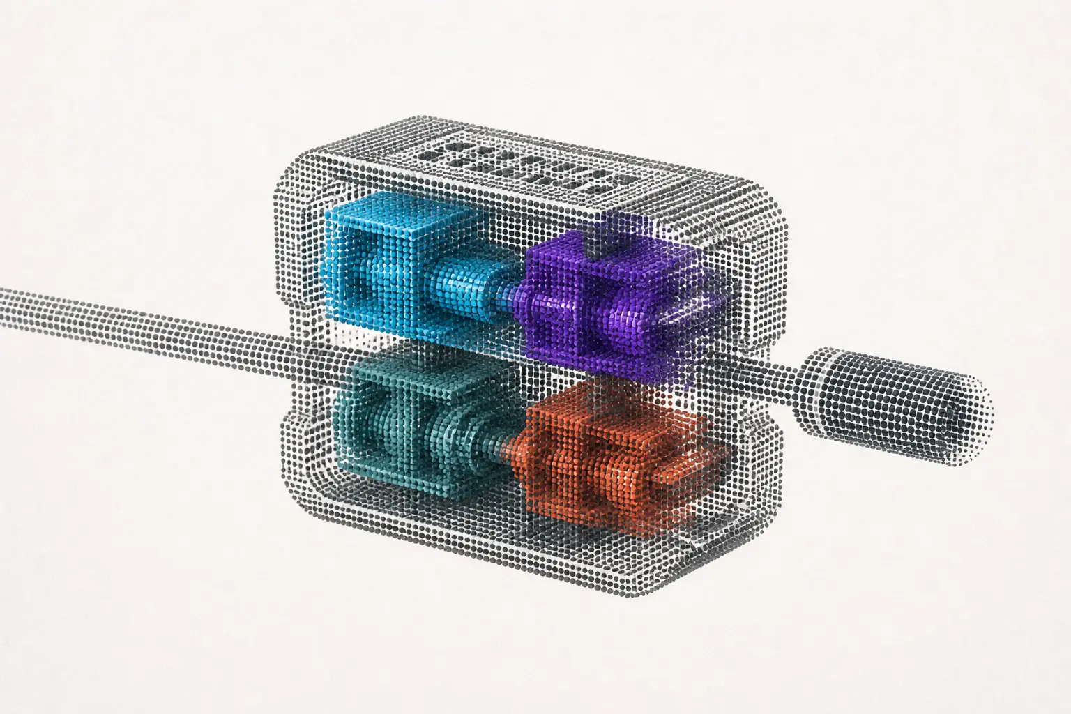 Four dense particle-built identity modules interlock inside one graphite lattice machine and resolve into a single evidence capsule.